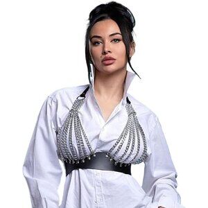 Black Leather Bra Top Chain Bikini Harness BDSM Slave Fetish Bondage Gothic NWT